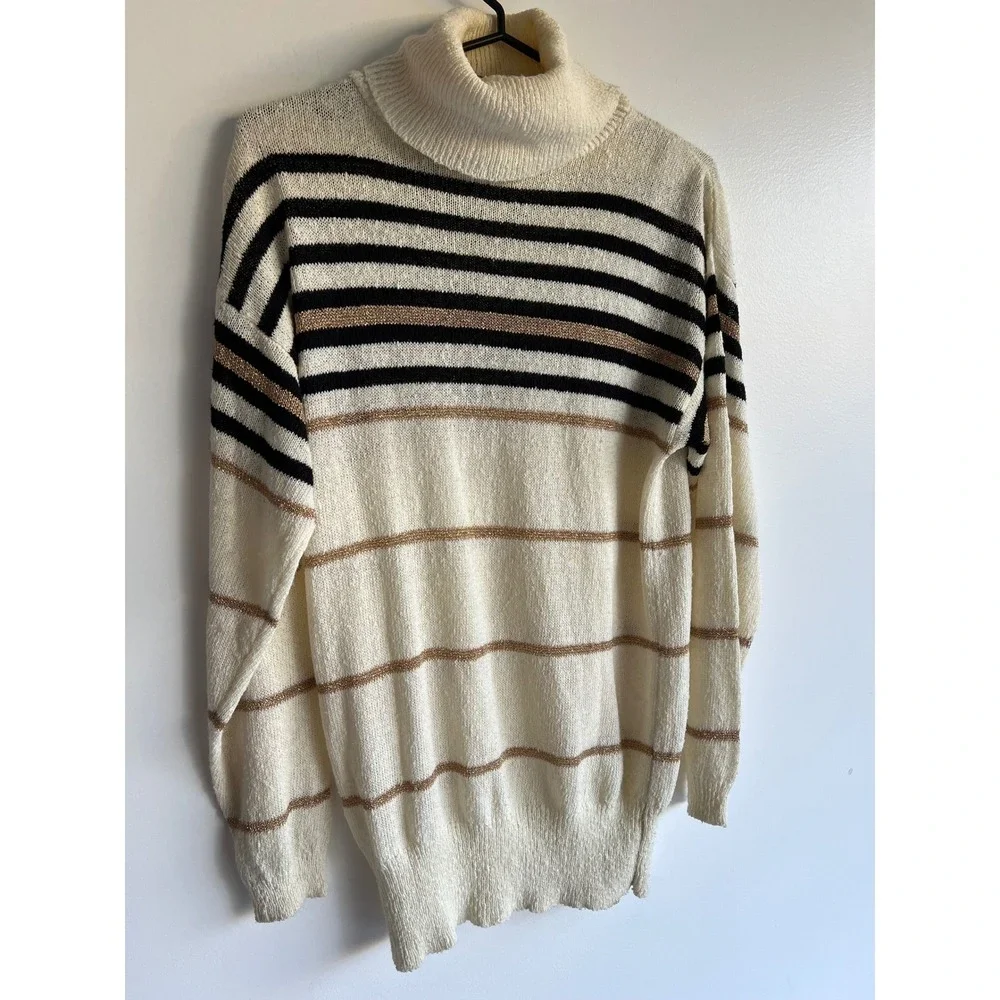 West Coast Connection Vintage Womens Striped Turtleneck Sweater Cream Gold‎ M